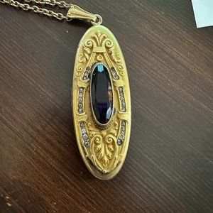 Antique Oval Locket with Deep Purple Stone Surrounded by Crystals - Gold Chain